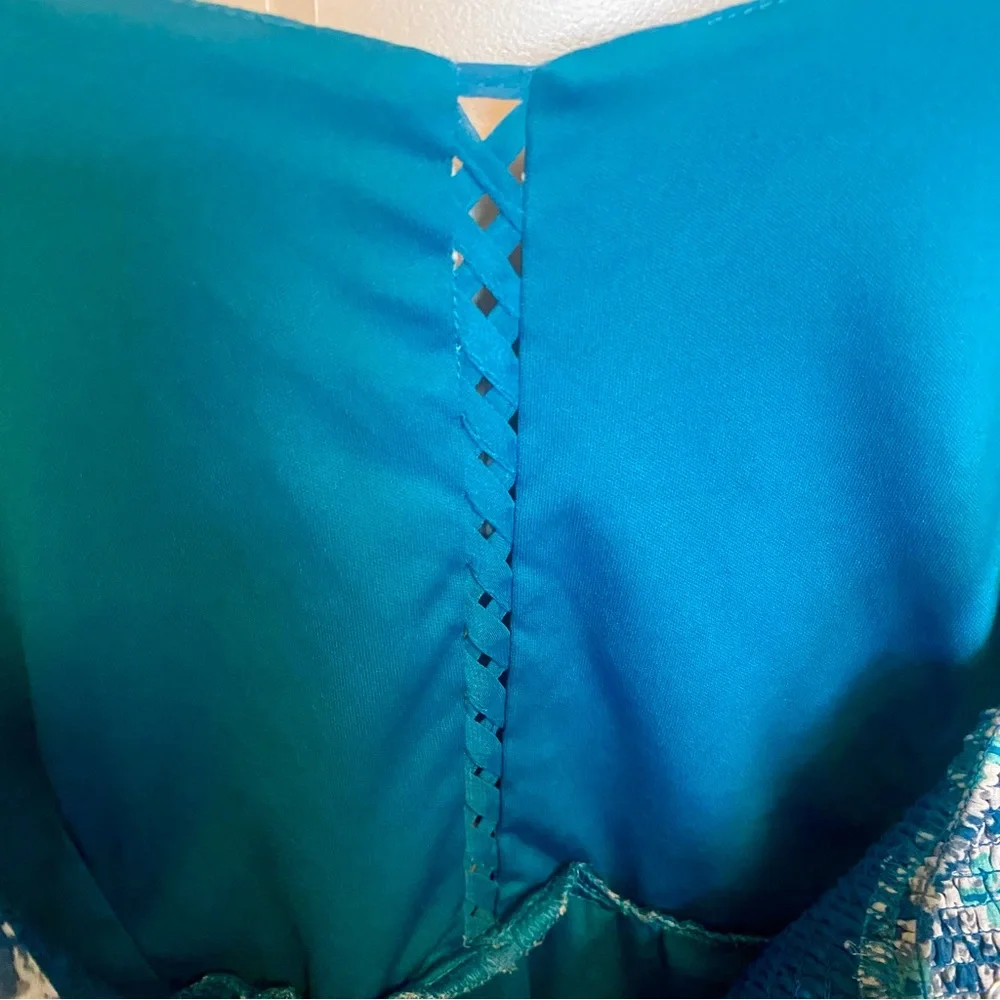Xhilaration-Lace Up Style front-Blue/Green Patterned Sun Dress-Size L - Picture 6 of 11